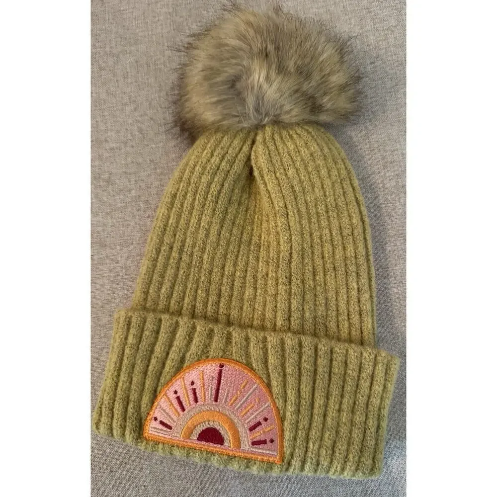 Virginia Wolf Sunray Beanie Hat Faux Fur Snap on Pom Gold Mustard Knit Beachly